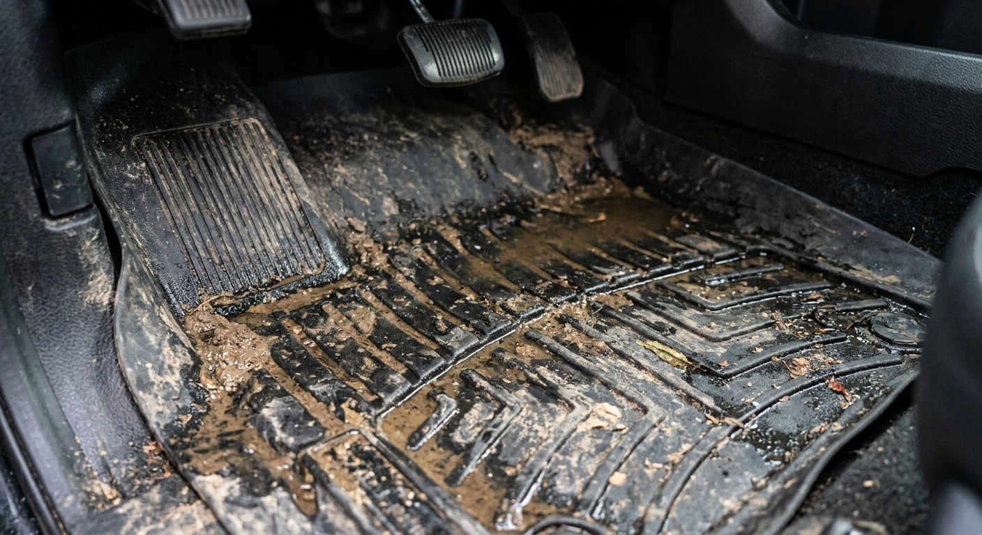 Close-up of all-weather rubber floor liner trapping dirt, mud, and water in raised edges
