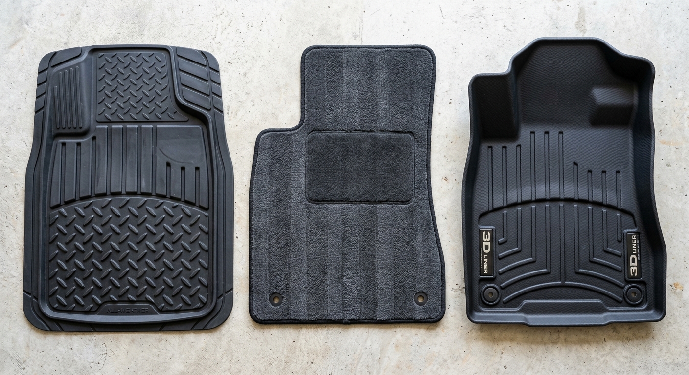 Side-by-side comparison of rubber, carpet, and 3D thermoplastic floor mats on a garage floor