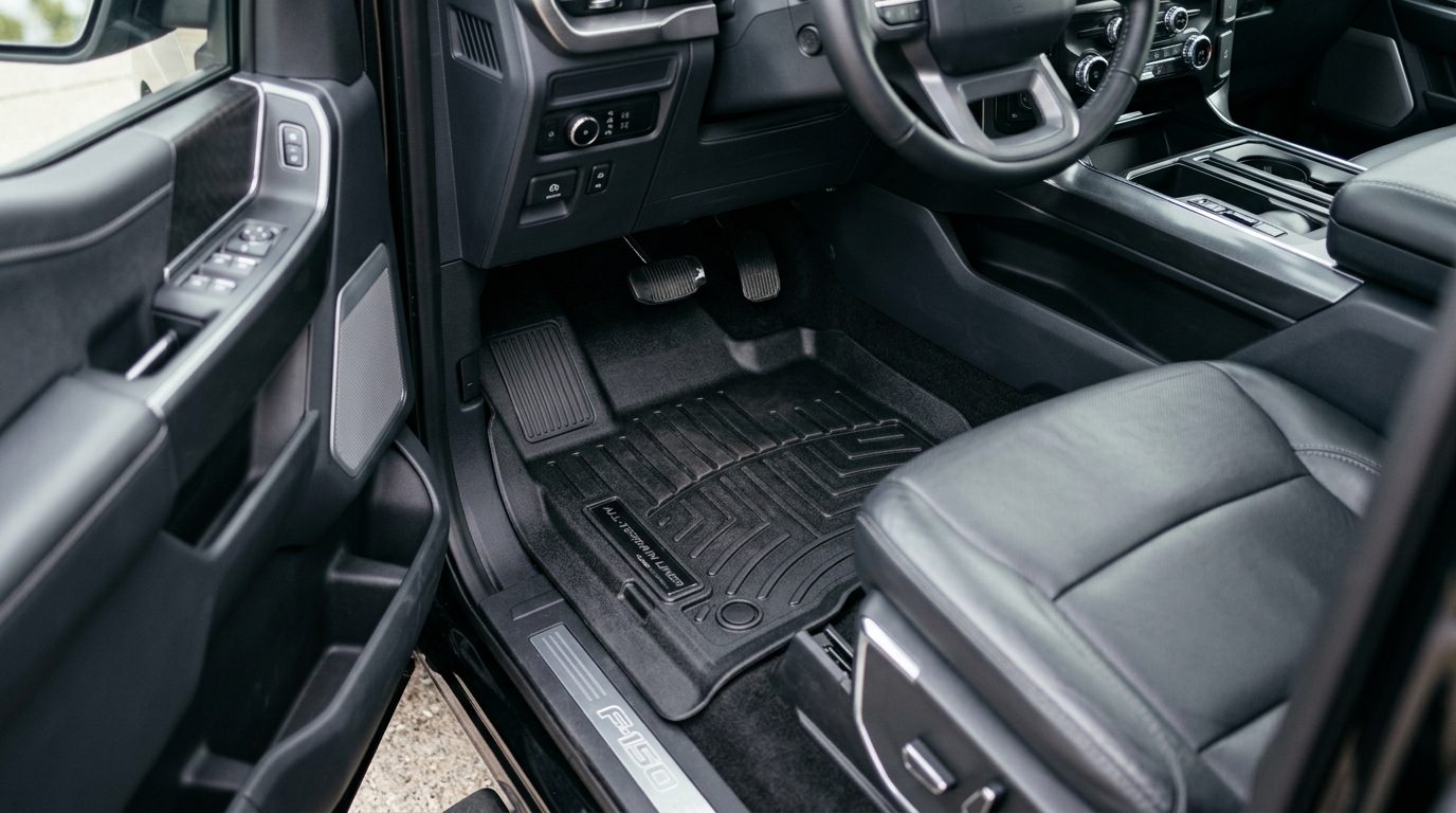Premium custom-fit black rubber floor mats and liners in a truck interior