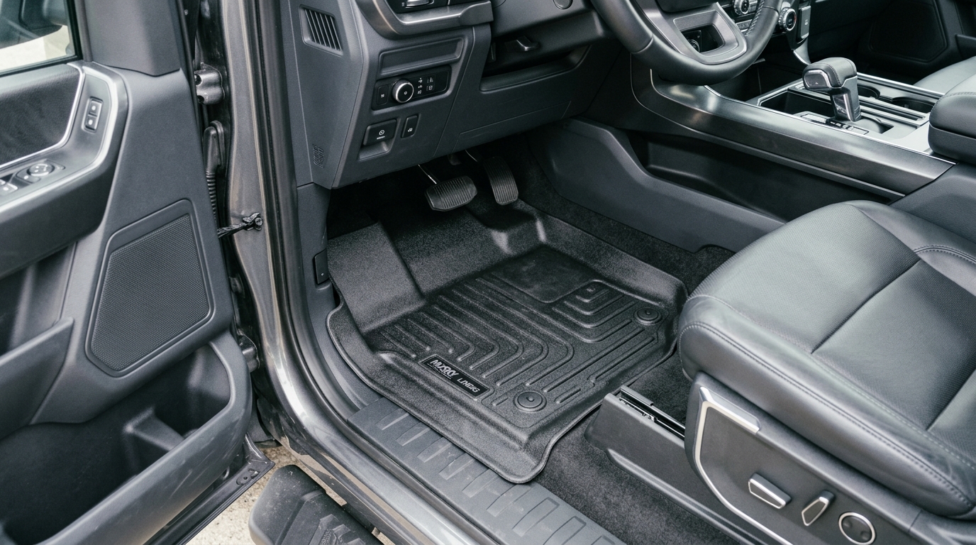 Wide shot of truck interior footwell with custom-fit floor liners covering the full floor area