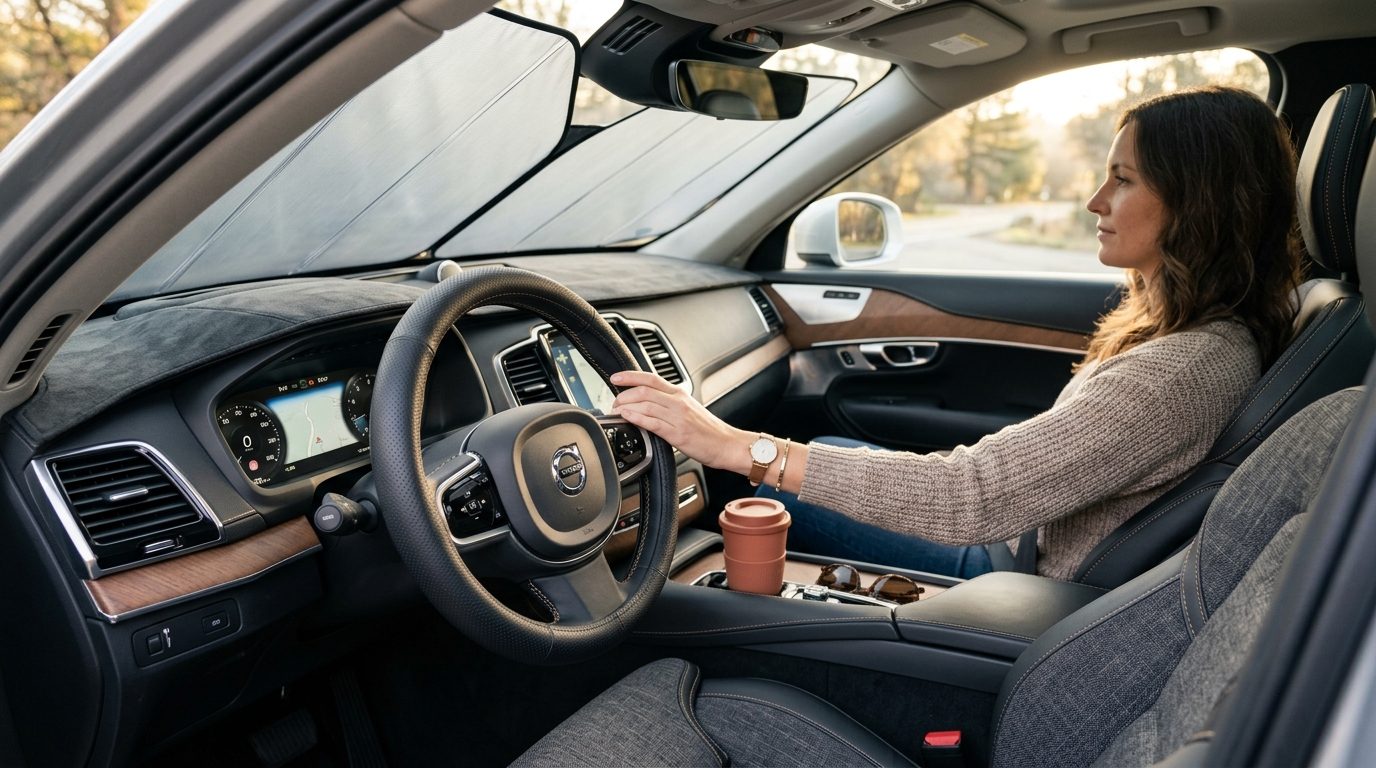 Variety of car interior accessories including steering wheel cover, dash cover, sun shade, and seat covers in a clean vehicle interior