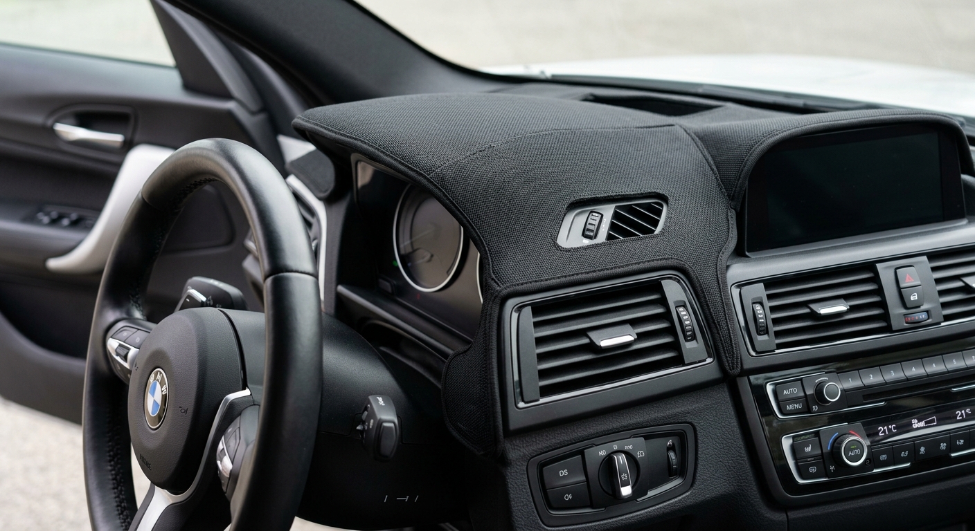 Custom-fit black dash cover on a car dashboard showing precise fit around vents and controls