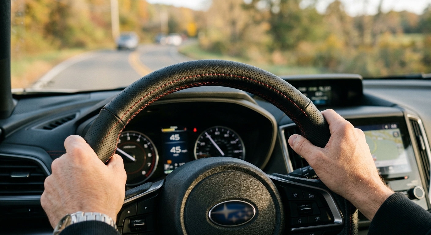 Close-up of black leather steering wheel cover with stitching detail installed on a steering wheel