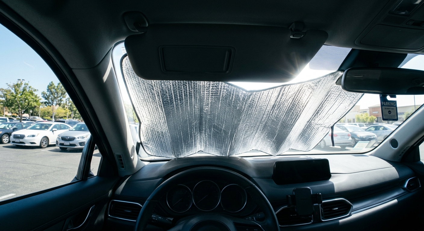 Silver reflective windshield sun shade blocking sunlight through the windshield from inside the vehicle