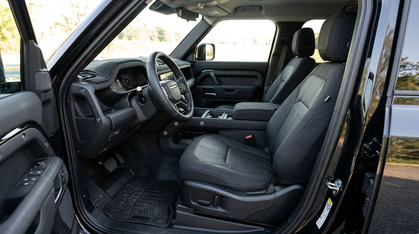 Wide shot of fully protected vehicle interior with matching black accessories from passenger door angle