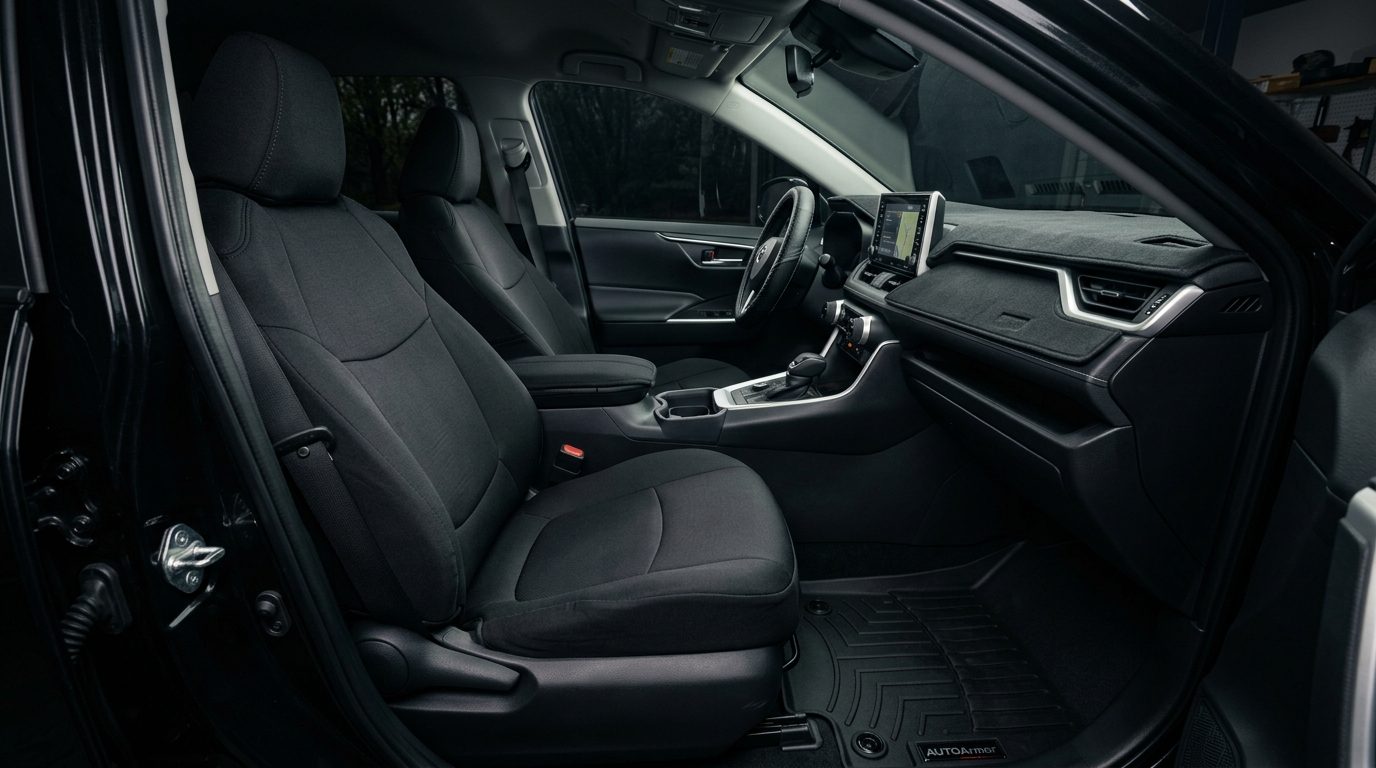 Fully protected vehicle interior with matching black seat covers, floor mats, dash cover, and steering wheel cover
