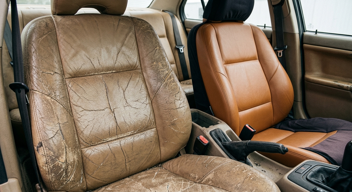 Worn cracked faded car leather seat showing sun damage contrasted with a protected seat