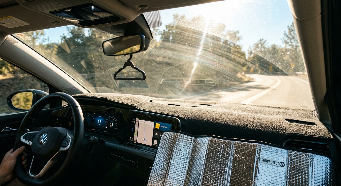 Car interior with sun glare through windshield showing UV protection from dash cover and sun shade