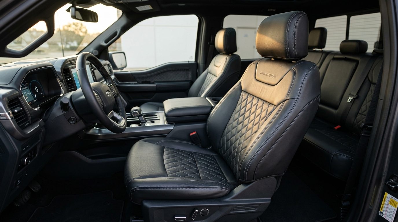 Custom-fit black leather seat covers installed in a truck interior with detailed stitching