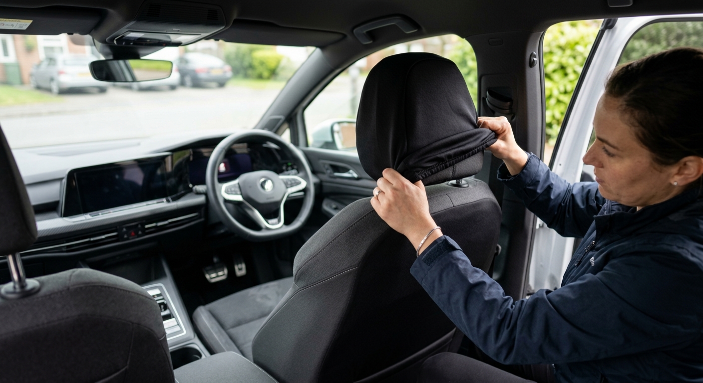 Person installing a custom-fit black seat cover over a car seat headrest
