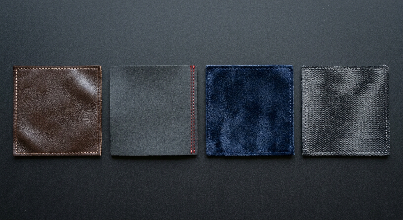 Comparison of seat cover materials including leather, neoprene, velour, and fabric swatches