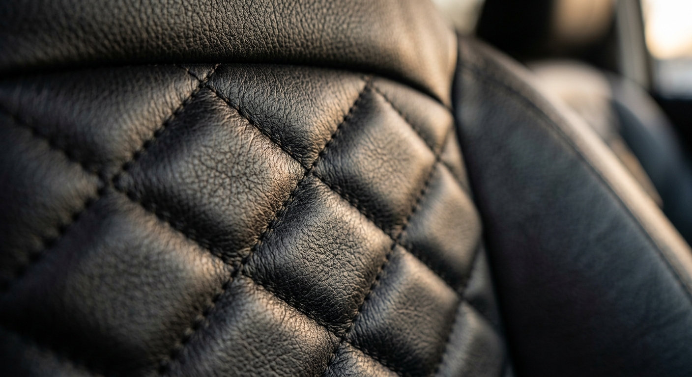 Close-up of diamond stitching pattern on premium black leather seat cover